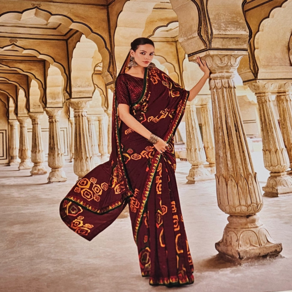 Royal Maroon Bandhani Print Saree with Contrast Border - Image 2