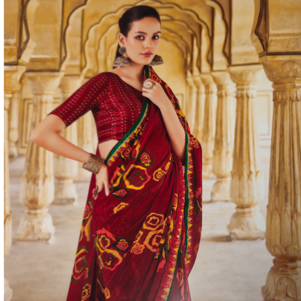Royal Maroon Bandhani Print Saree with Contrast Border
