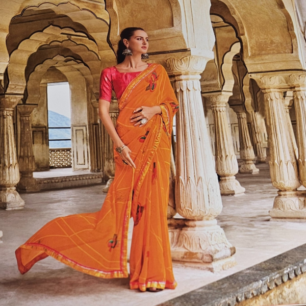 Vibrant Orange Bandhani Print Saree with Embroidered Border - Image 2