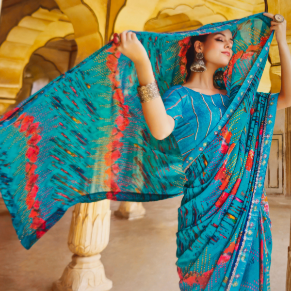 Elegant Sky Blue Georgette Saree with Lace Border