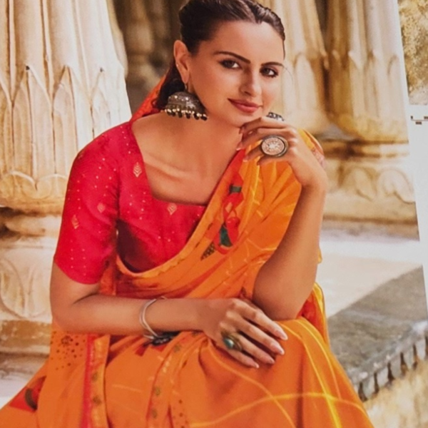Vibrant Orange Bandhani Print Saree with Embroidered Border