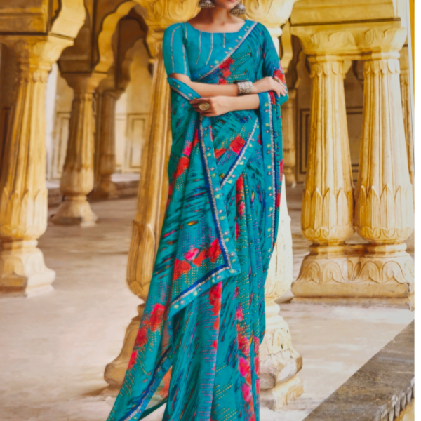 Elegant Sky Blue Georgette Saree with Lace Border - Image 2